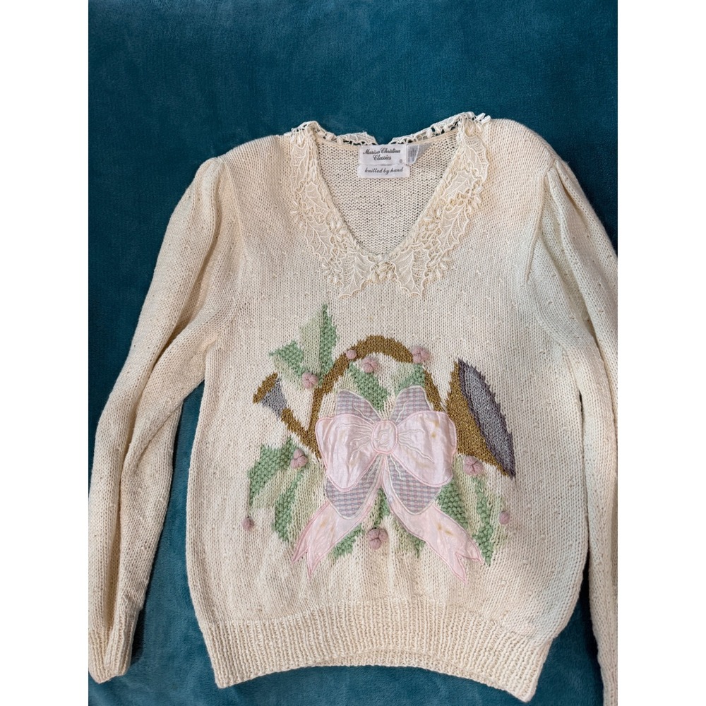 Vintage Marisa‎ Christina Hand Knitted Lace Collar Sweater Pink Bow Cream Small